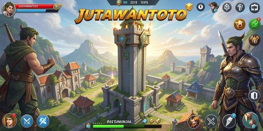 Screenshot gameplay JUTAWANTOTO menunjukkan pertahanan menara yang strategis.