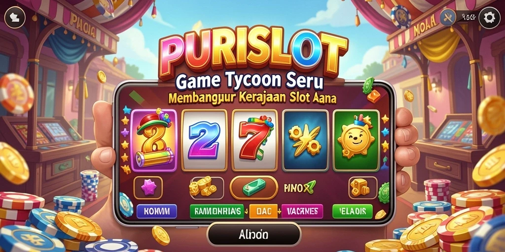 Screenshot menunjukkan gameplay <strong>PURISLOT</strong> dengan mesin slot dan kasino yang berwarna-warni.